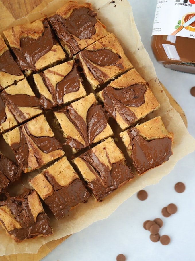 Blondies with Peanut Butter and Nutella swirls on top
