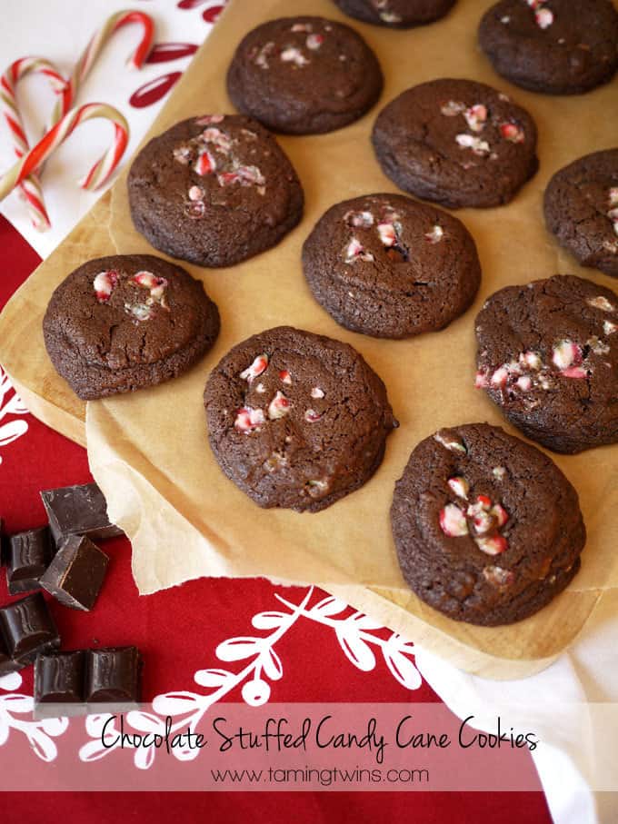 A festive table with just-cooked chocolate candy cane cookies on, ready to eat.