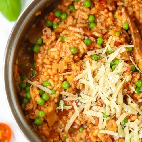 Oven Baked Risotto Recipe with Bacon, Cheese and Peas
