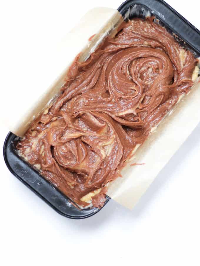 Raw Nutella Cake batter in a loaf tin.