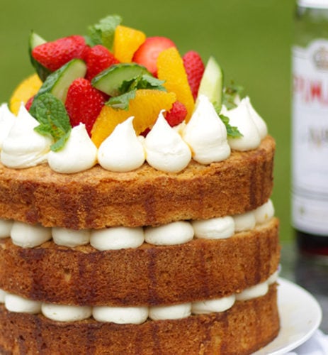 Side photo of Pimms cake topped with piped buttercream icing, cucumber, strawberries, orange segments and mint on a white plate in a garden with green grass in background to demonstrate pimms cake recipe.