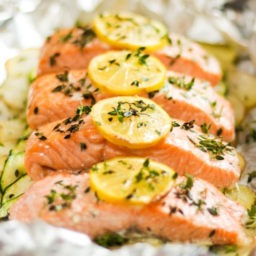 Oven baked salmon fillets in foil.