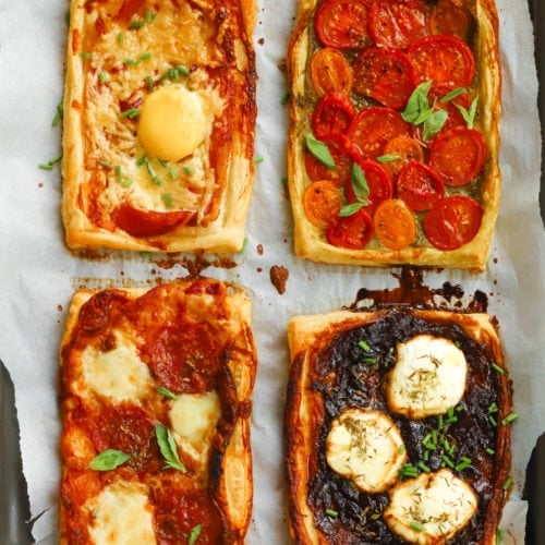 Easy puff pastry tarts with tomatoes, cheese, goats cheese, caramelised onions and bacon