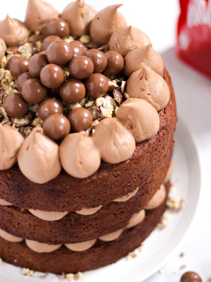 Malteaser Cake with 3 layers sandwiched with malt chocolate icing
