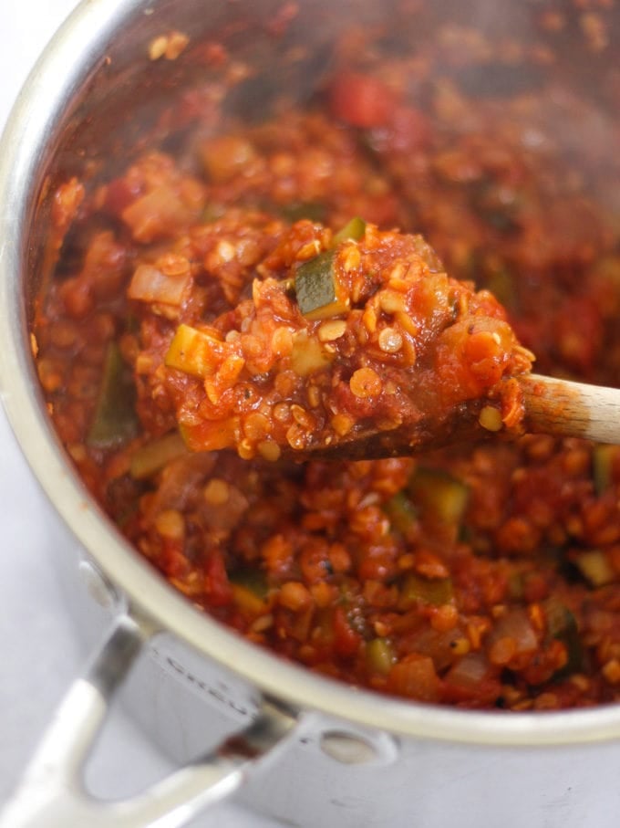 Lentil ragu mixture in a saucepan. How to make Vegetarian Moussaka, step 2.
