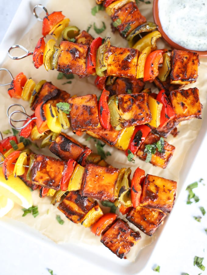 Paneer tikka kebabs with peppers and tandoori spices.