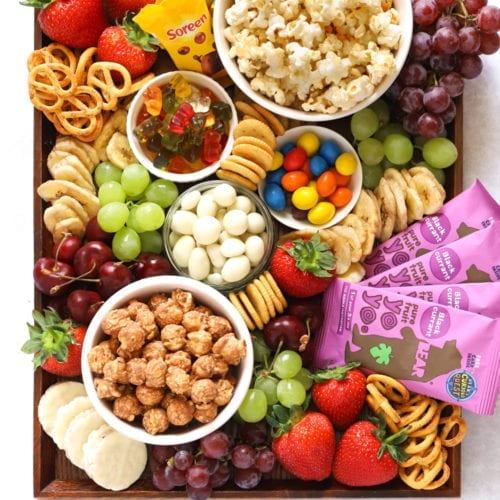 How to make a movie snack board for kids with popcorn, treats and fruit