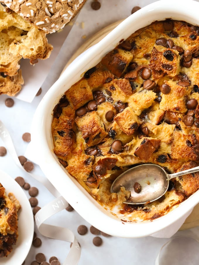 Panettone Bread and Butter pudding with baileys for Christmas dessert with chocolate chips.