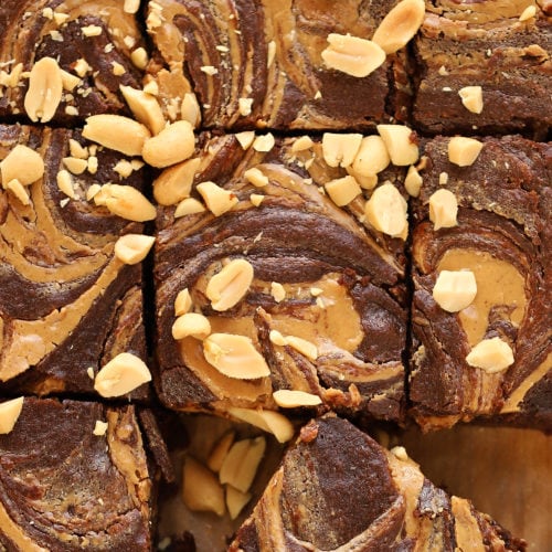 Peanut Butter Brownies recipe cut into squares.