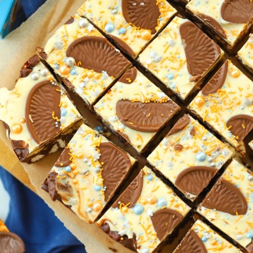 Chocolate orange rocky road recipe with white chocolate and sprinkles.