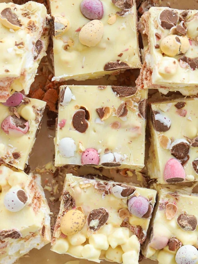 Squares of white chocolate Mini Egg Rocky Road, ready to eat.