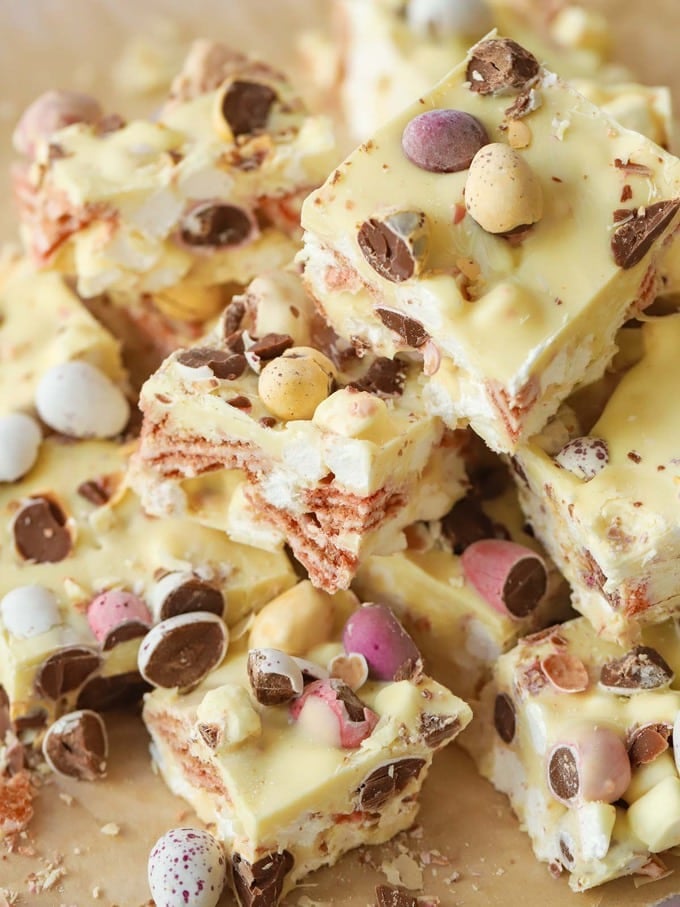 Mini Egg Rocky Road with White Chocolate and Pink Wafer Biscuits in a pile.