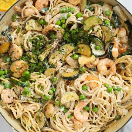 Easy prawn pasta recipe with creamy garlic sauce