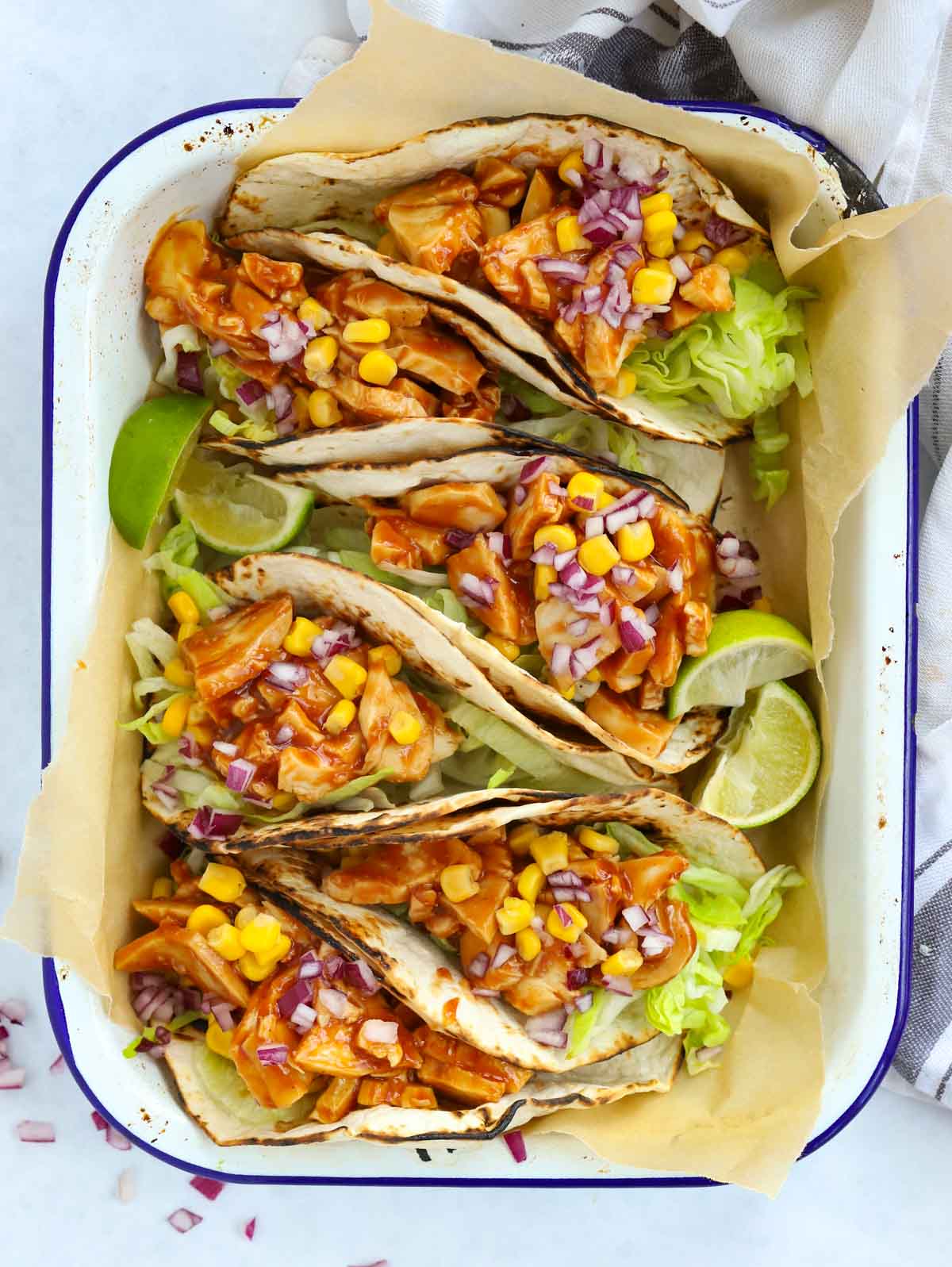 Oven tray with Chicken Tacos recipe.