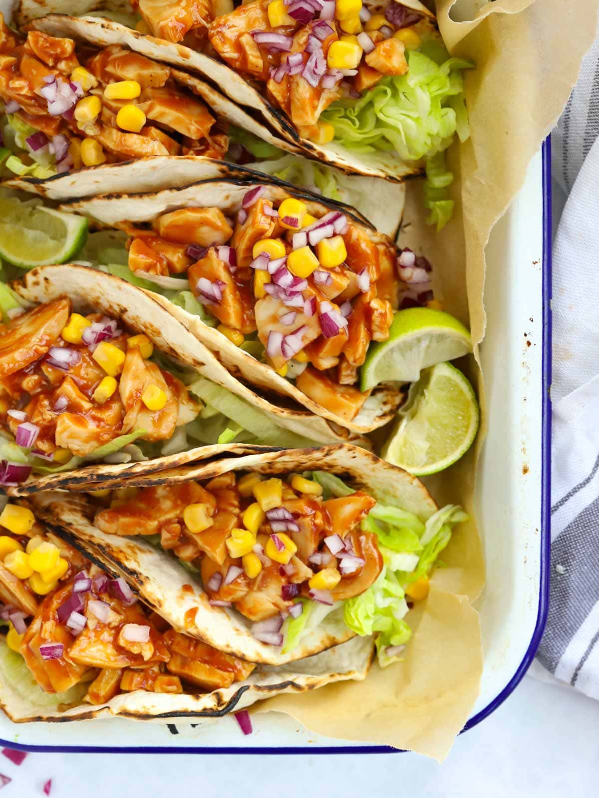 Chicken taco family friendly dinner recipe in an oven tray.