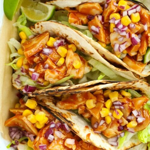 Super speedy Chicken Tacos with barbecue sauce.