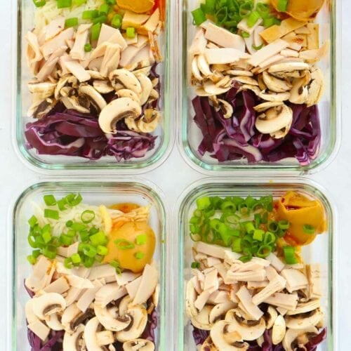 Four portions of pre-prepared homemade instant noodles ready for the microwave