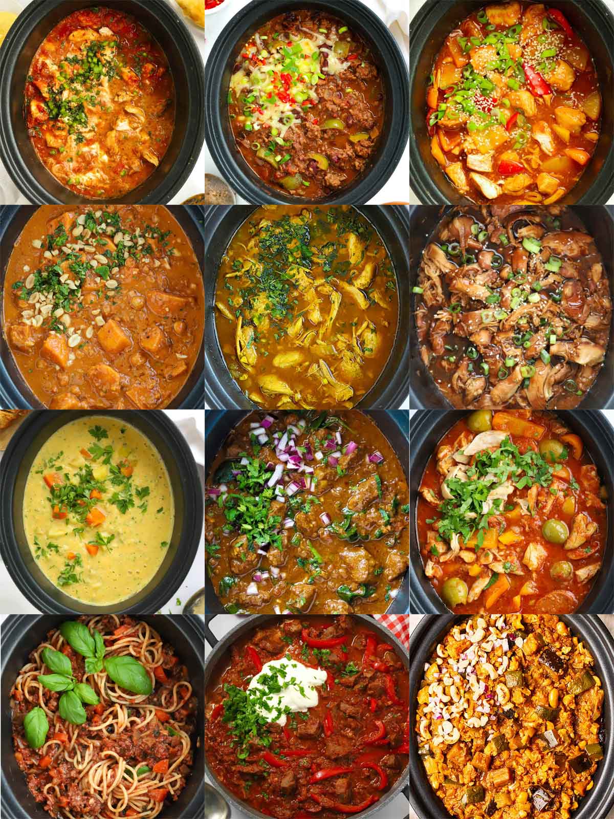 Collage showing 12 slow cooker dump bag recipes.
