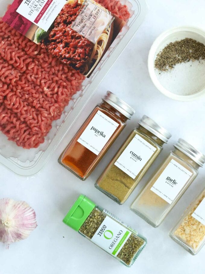 Raw ingredients for homemade doner kebab on a counter.