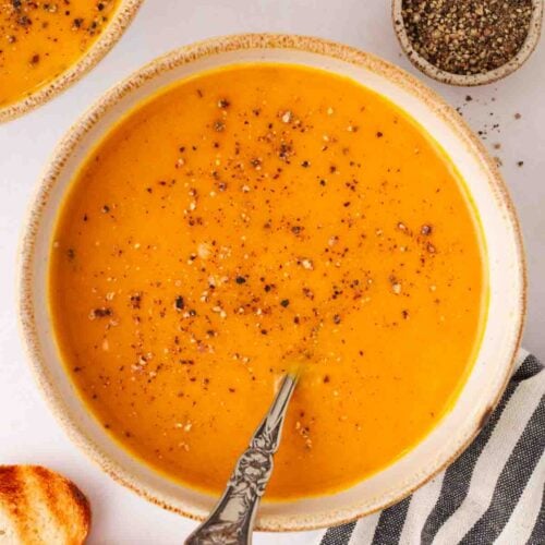 Homemade Butternut Squash Soup in a bowl with spoon.