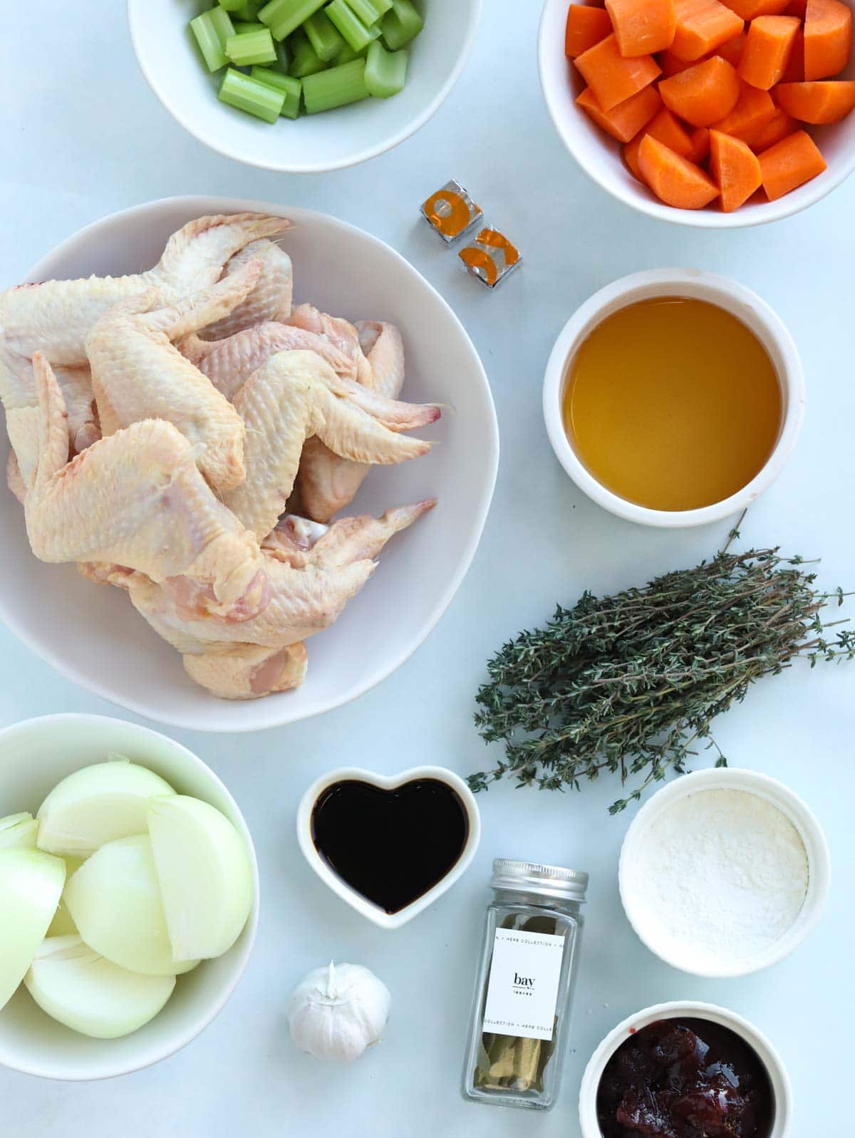 Raw ingredients laid out for make ahead gravy, ready for the slow cooker.