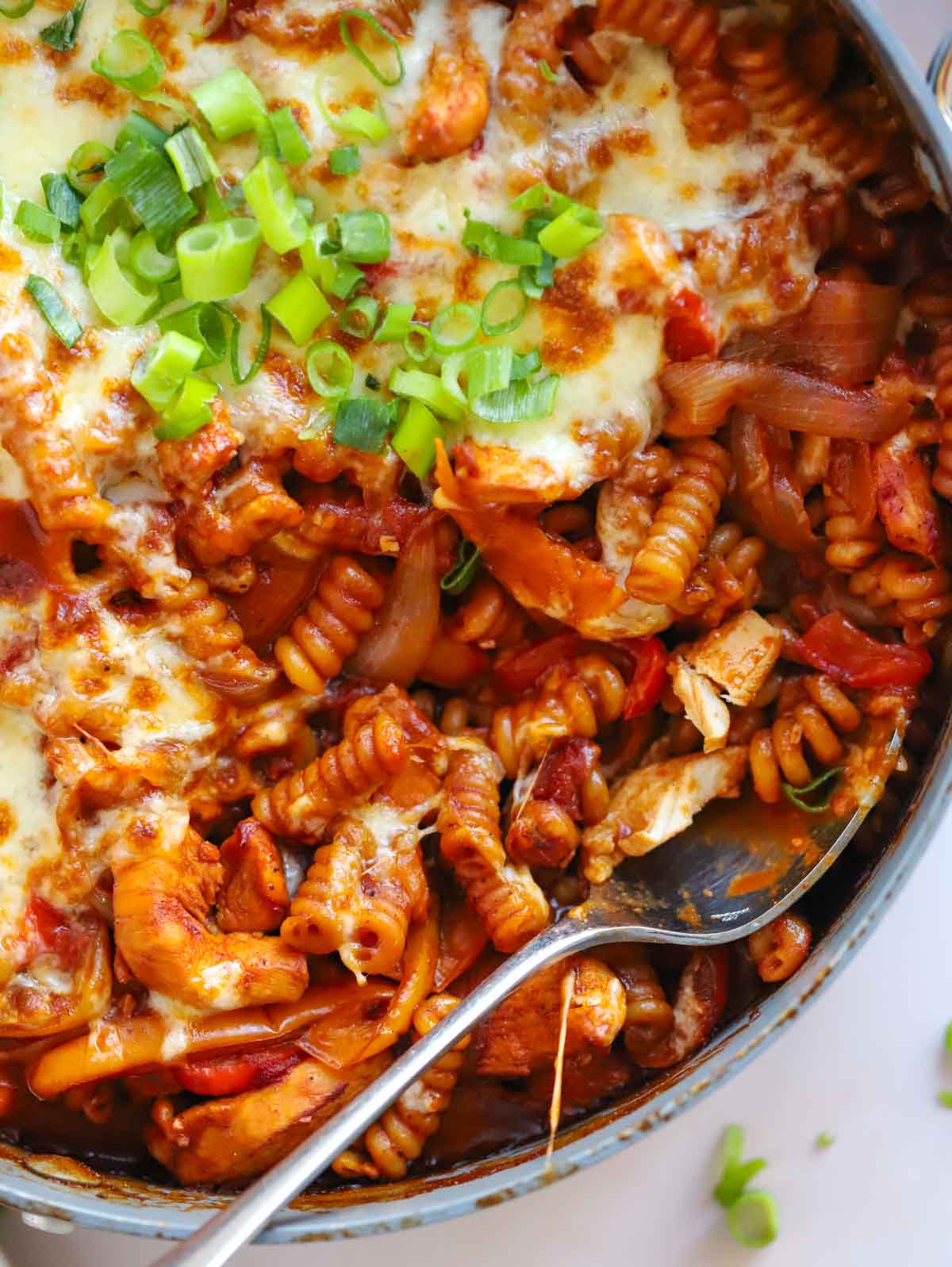 A one-pan pasta dish still in the pan. Cooked Chicken Fajita Pasta Bake.