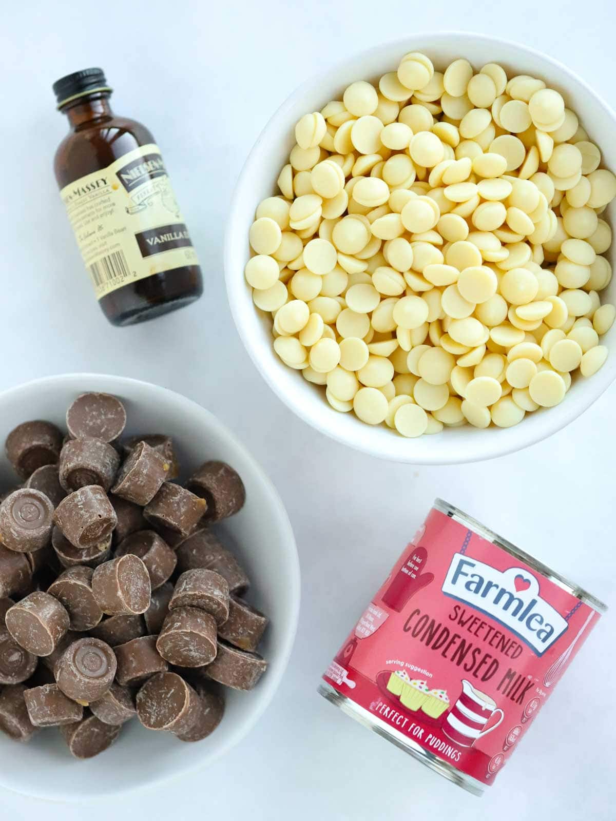 Ingredients for Rolo Fudge recipe laid on a counter.