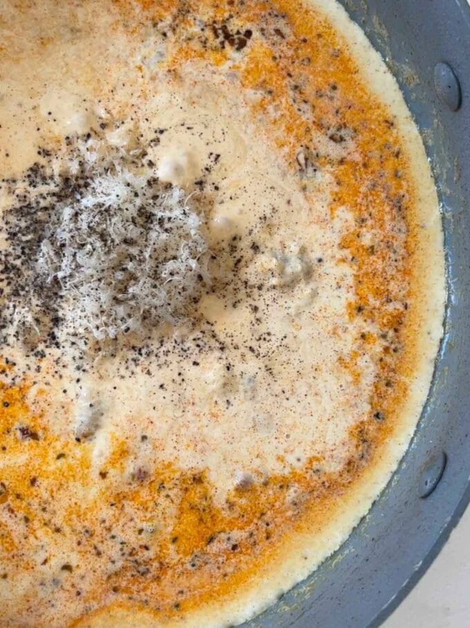 The sauce being made in a pan for Marry Me Chicken. Step 4.