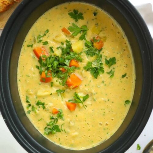 Slow Cooker Vegetable Soup ready to be served.