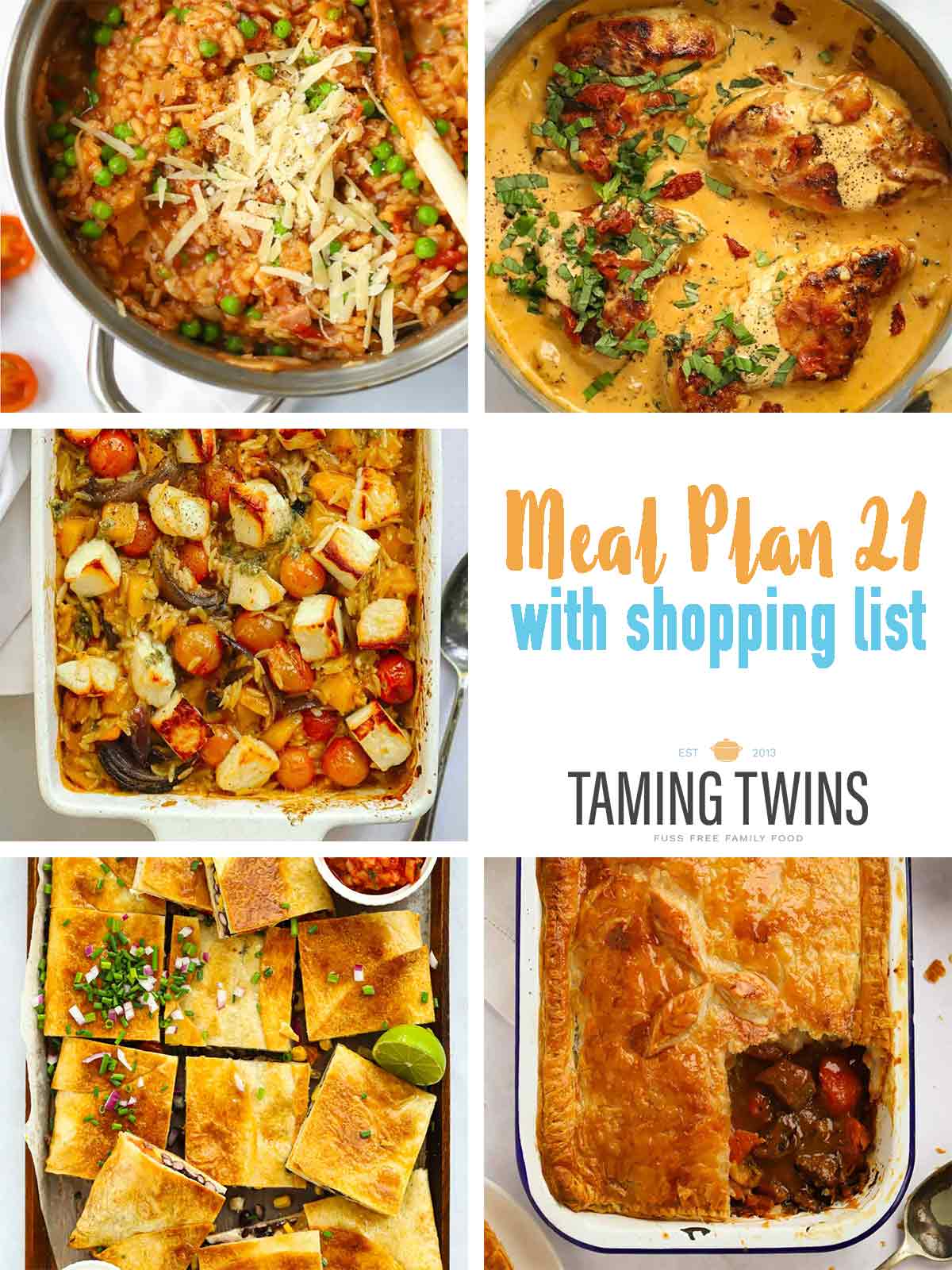 Collage of recipes for meal plan 21, including marry me chicken