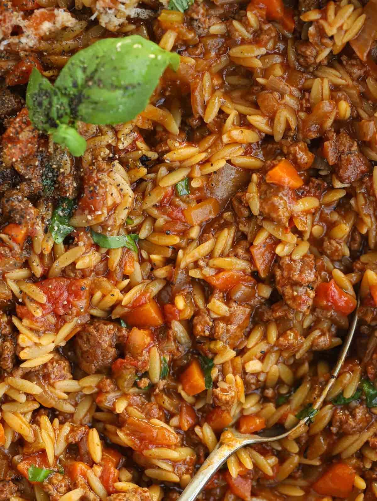 Close up of cooked tomatoes, orzo pasta, beef mince and basil.