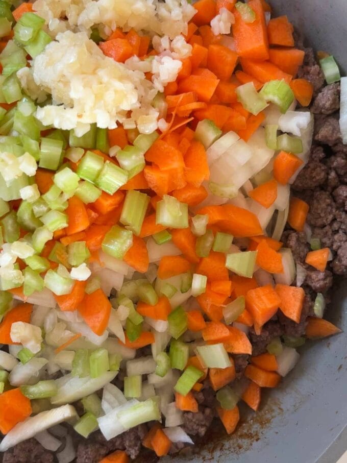 A pan filled with carrots, celery, onion, mince beef and garlic.