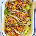 Oven tray with quick Chicken Tacos ready to eat.