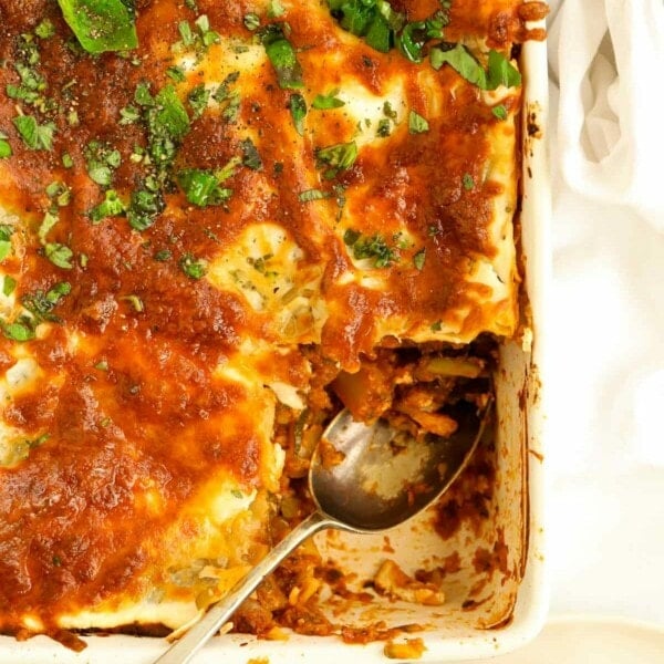 Easy to make courgette lasagne recipe in a white dish.