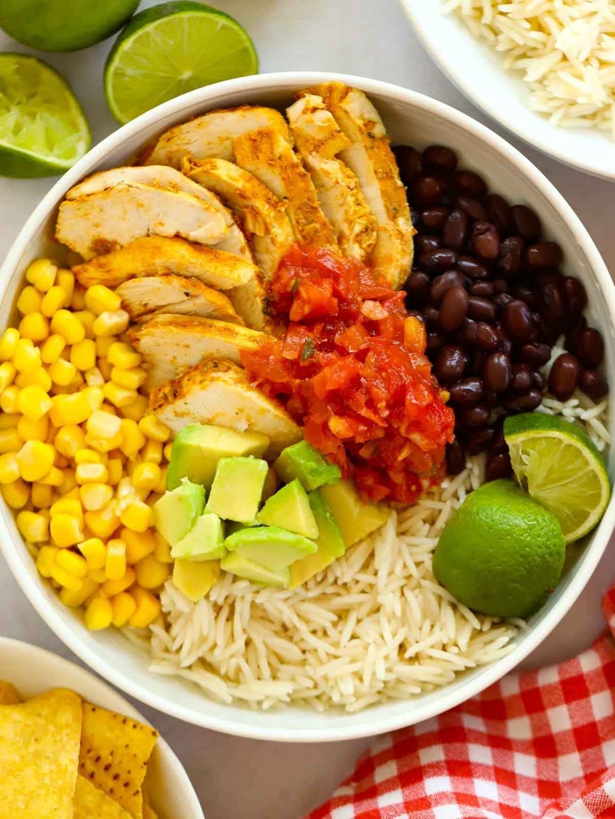 A big dish filled with Burrito Bowls for a tasty 15 minute meal.