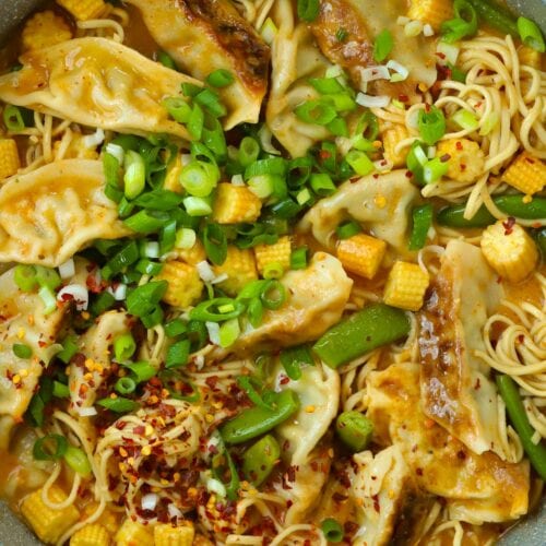 A big pan filled with Gyoza Soup, ready to serve.