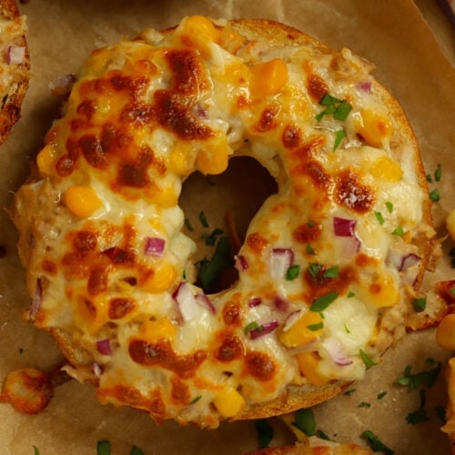 Tuna melts on baking paper, ready to eat.