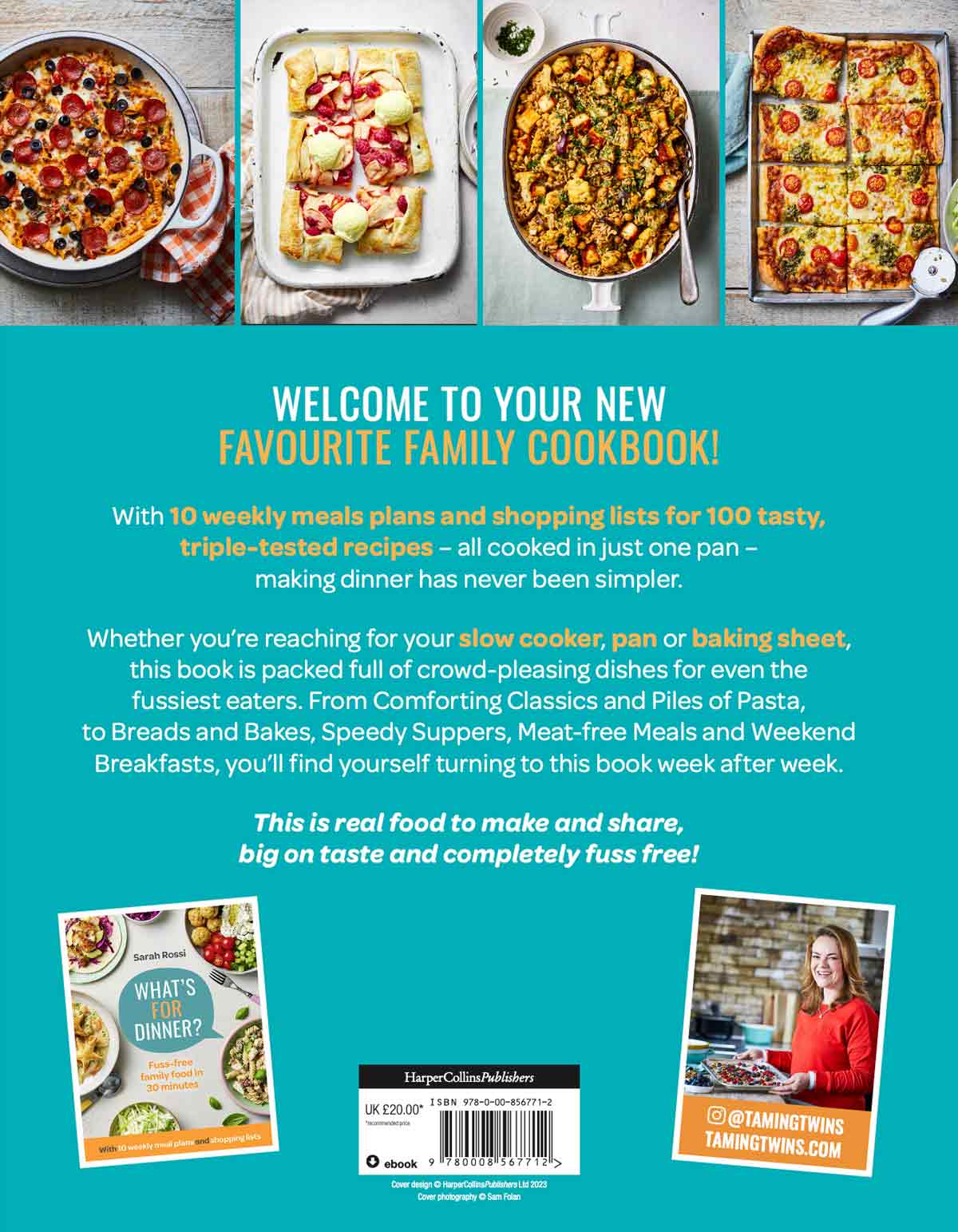 Back cover of what's for dinner in one pot by Sarah Rossi.