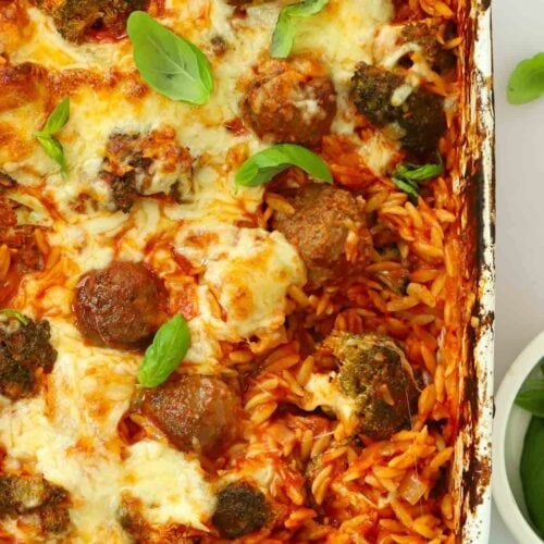 A one pan Meatball Bake with orzo pasta straight out of the oven and ready to eat.