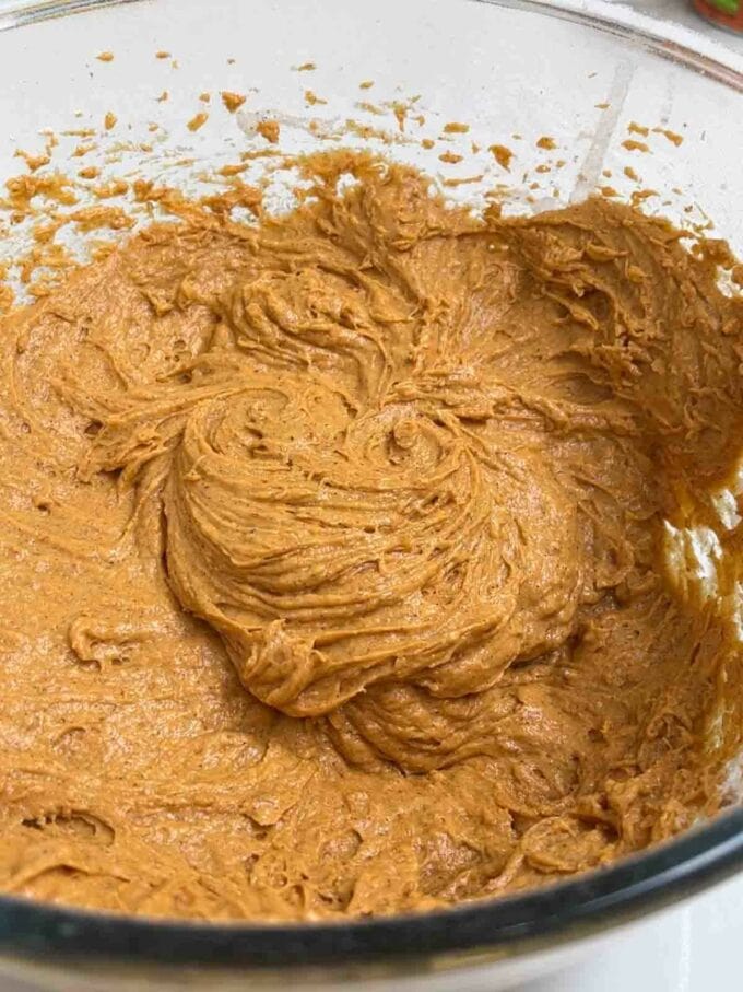 Raw Pumpkin Cake mixture in a glass bowl.
