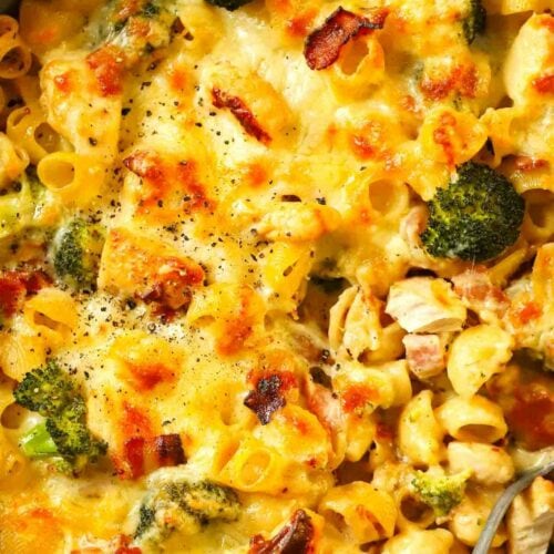 Big pan of chicken and bacon pasta bake.