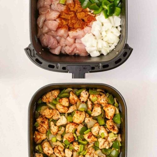 A before and after shot of air fryer cajun chicken, with one air fryer filled with raw ingredients and the second filled with cooked.