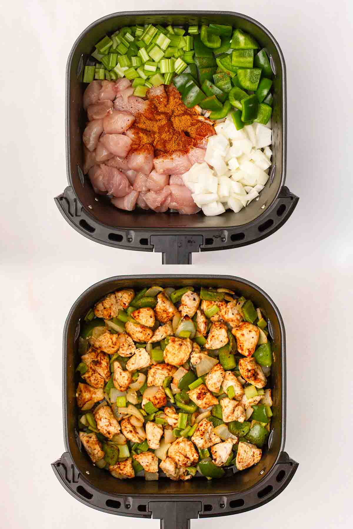A before and after shot of air fryer cajun chicken, with one air fryer filled with raw ingredients and the second filled with cooked.