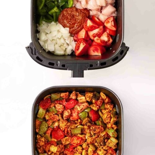 Two air fryers, one with raw ingredients for chicken tikka tray bake and the other with cooked.