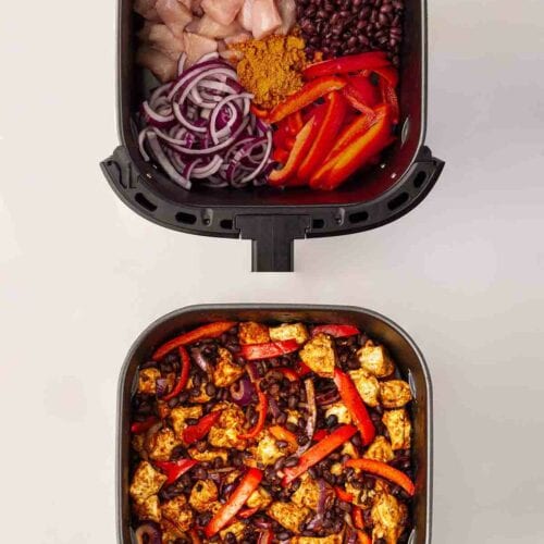 Two air fryers, one with raw ingredients and the other with cooked, for the recipe Air Fryer Mexican Chicken.