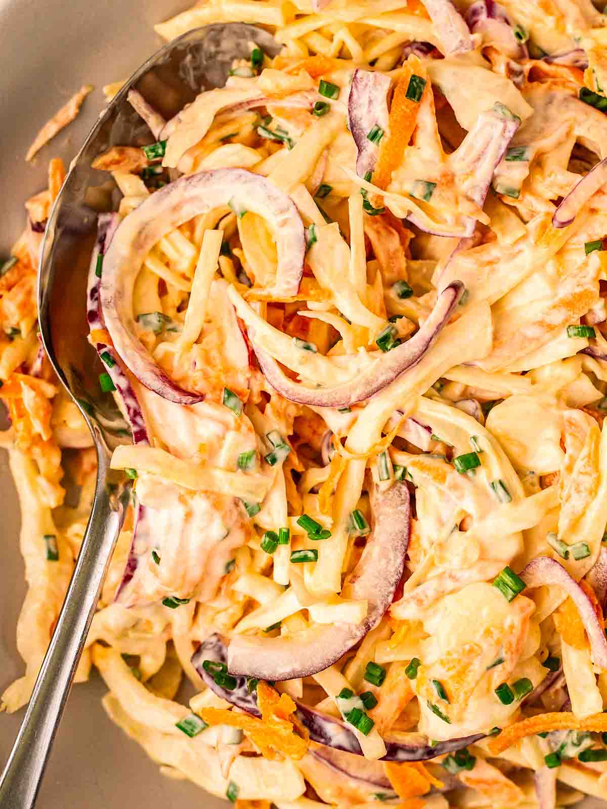 A close up of homemade coleslaw in a bowl with a spoon inside.