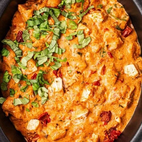 Slow Cooker Marry Me Chicken inside a slow cooker pan from above.