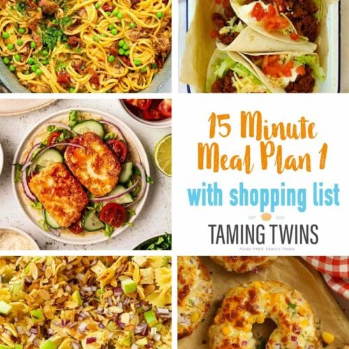 A graphic to illustrate a 15 Minute Meals summer plan series, featuring 5 easy dinners on Taming Twins recipe website.