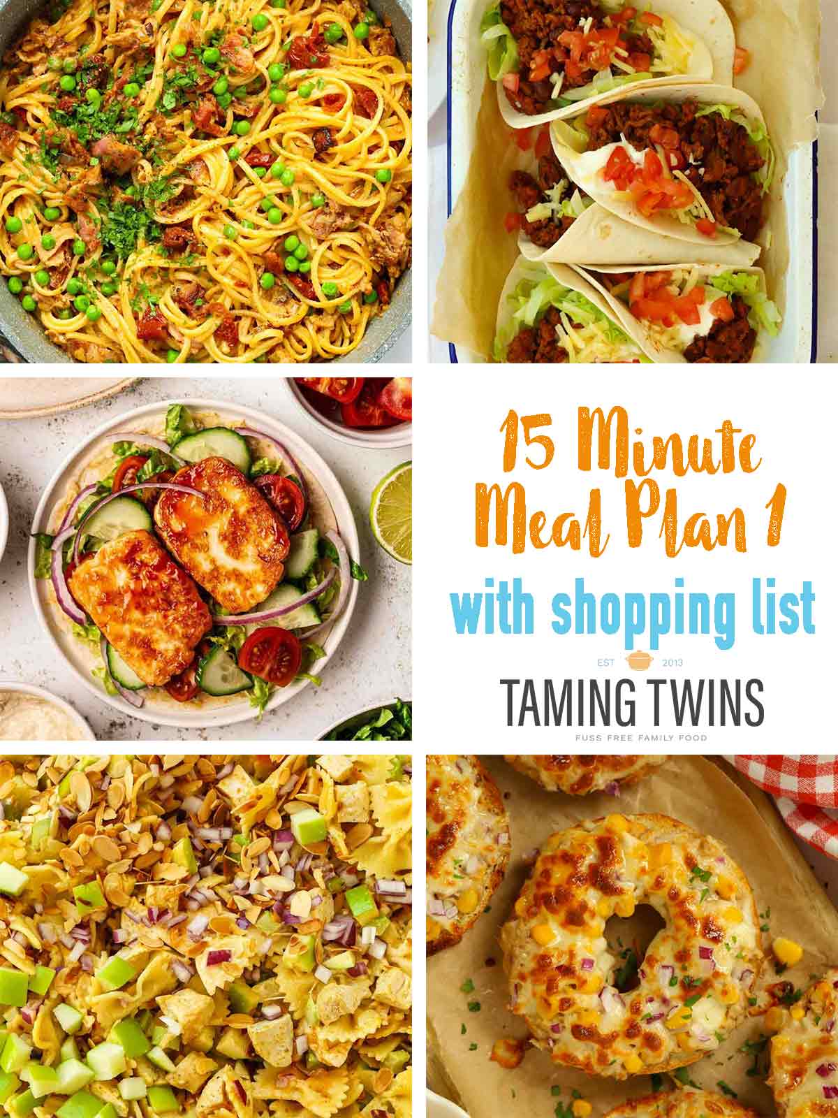 A graphic to illustrate a 15 Minute Meals summer plan series, featuring 5 easy dinners on Taming Twins recipe website.