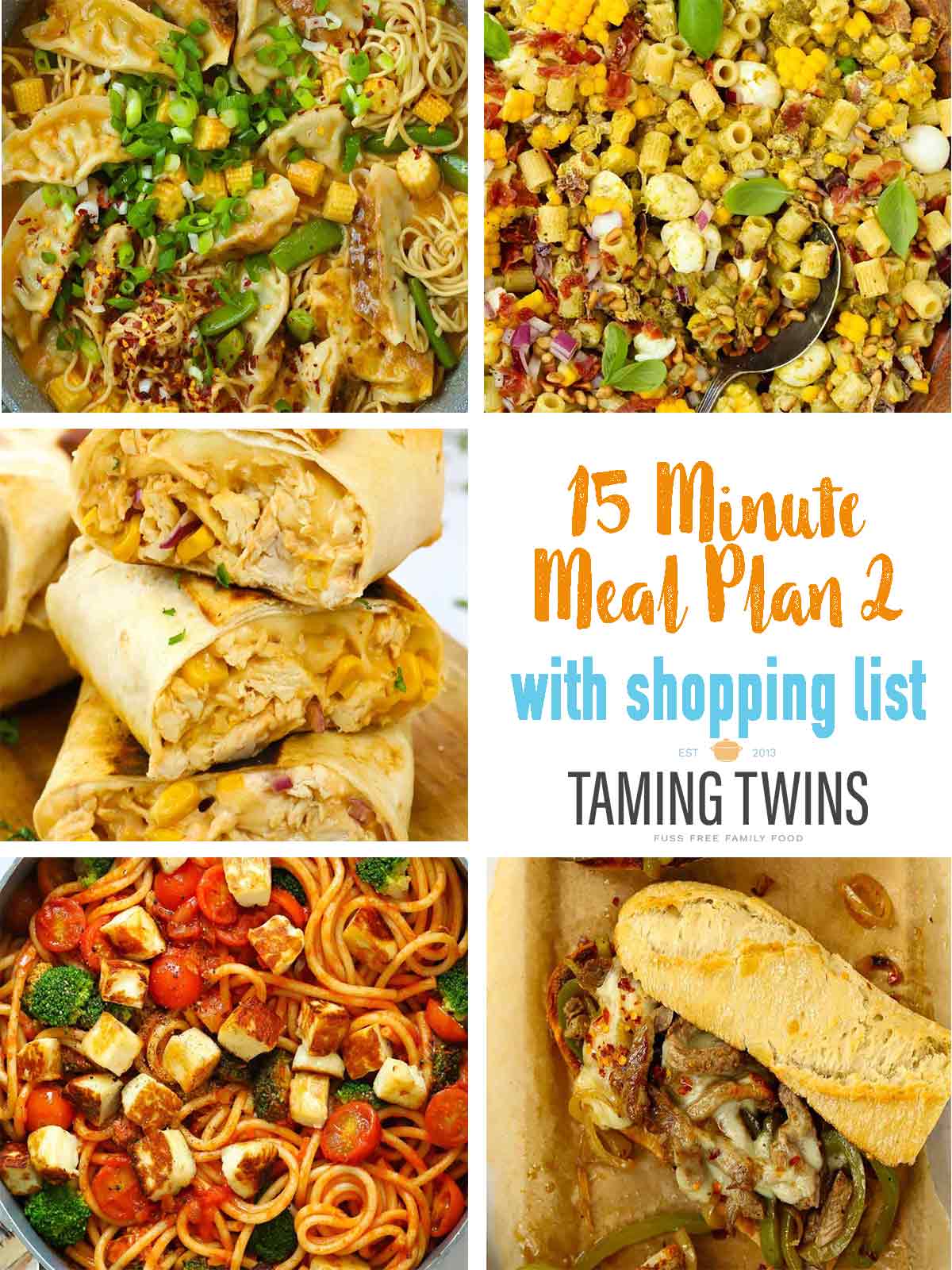A graphic to illustrate the latest Taming Twins meal plan of 15 minute meals for summer.